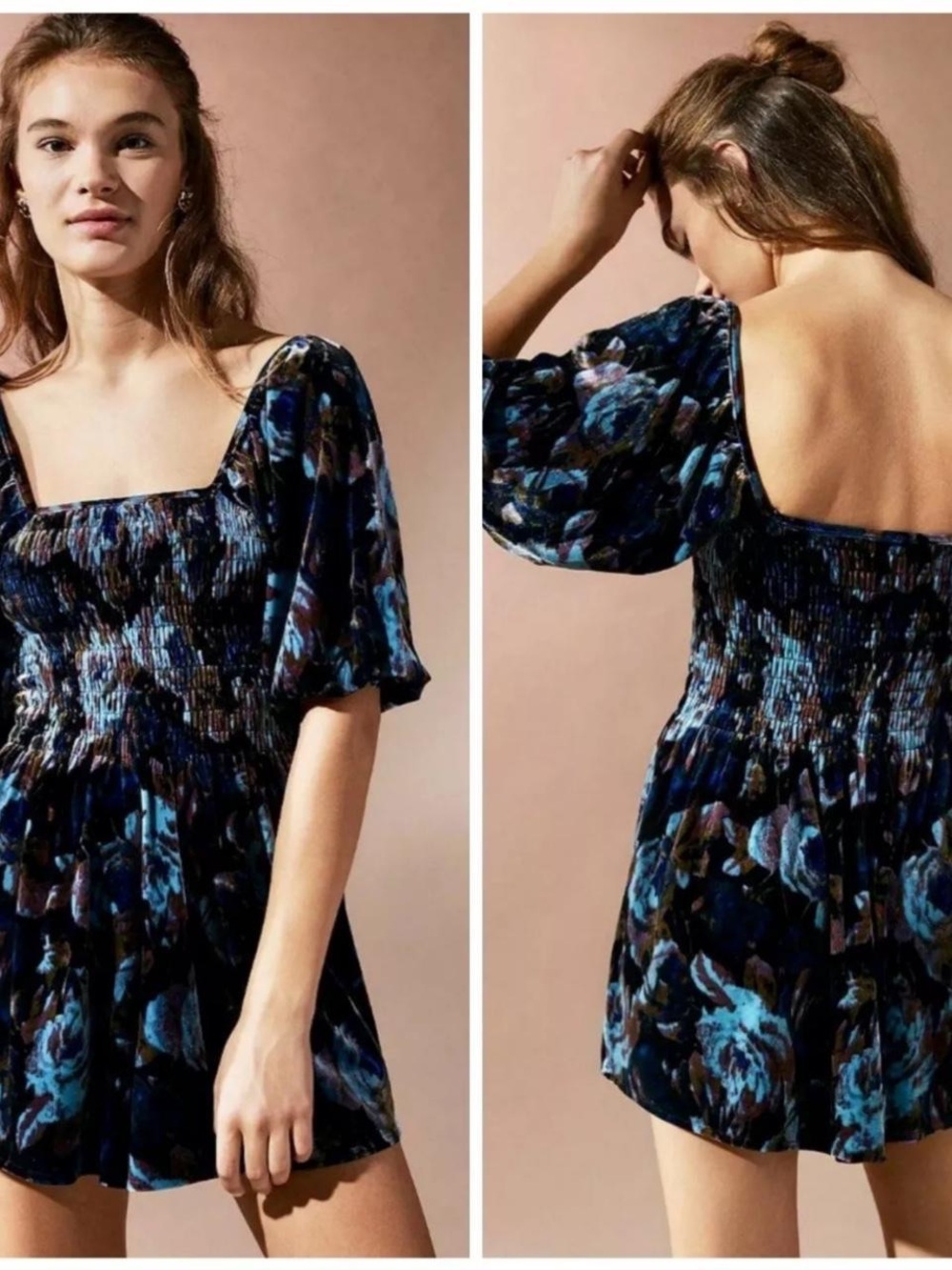 Urban Outfitters Blue and Black Floral Velvet Smocked Romper
